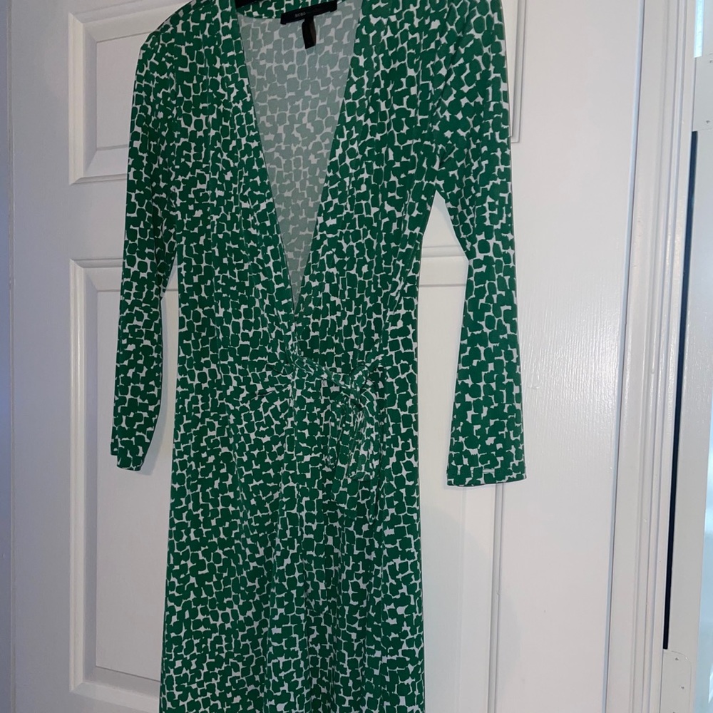 Green and white BCBG wrap dress.